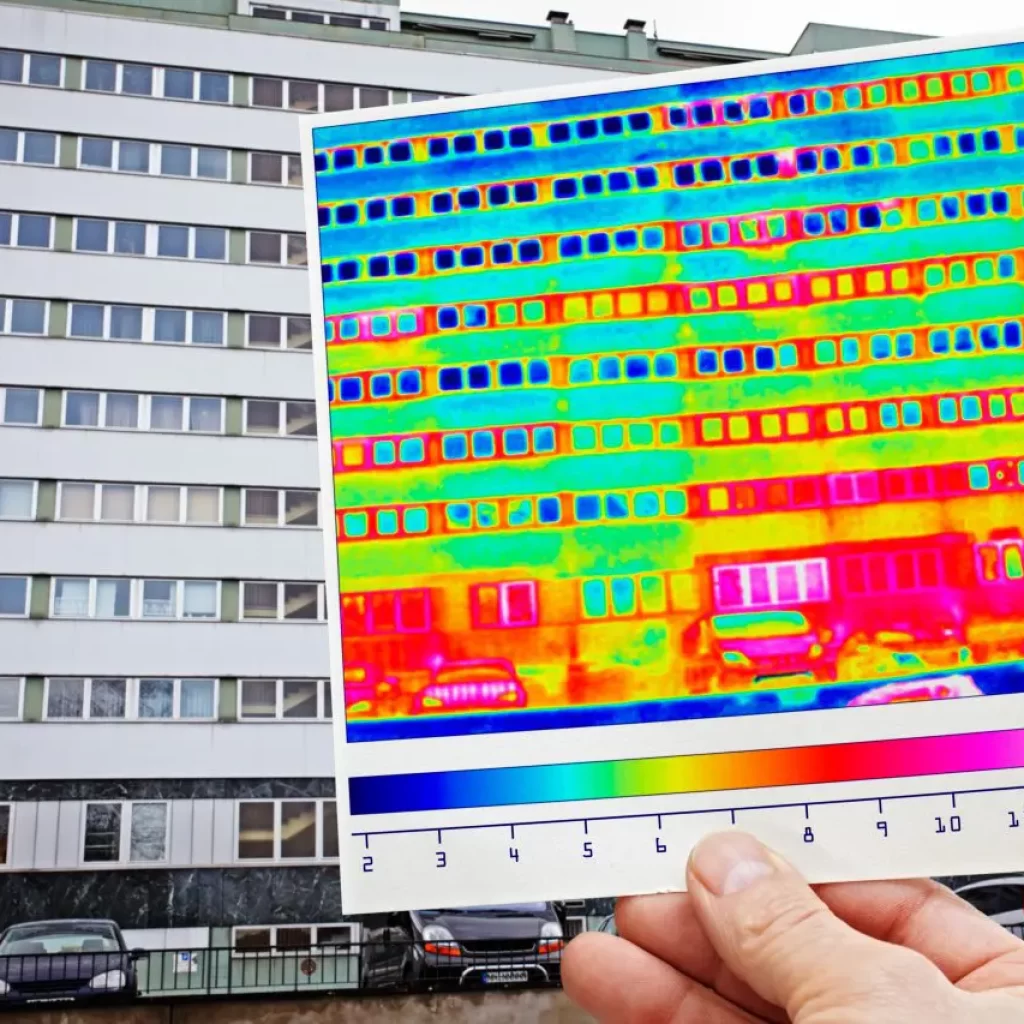 Thermographie infrarouge de la façade d'un immeuble